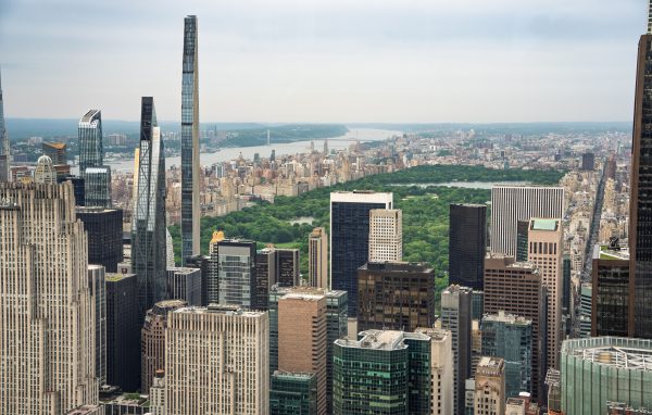 High-angle view of Midtown Manhattan with Central Park and skyscrapers in New York City. Architecture 4K