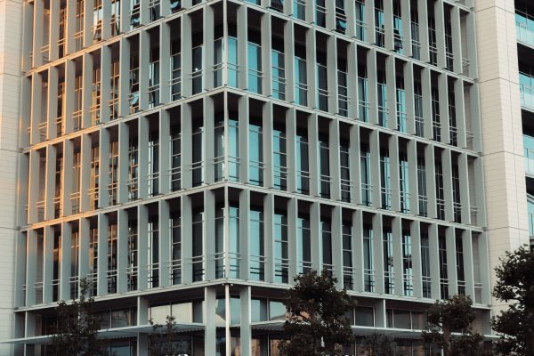 Highrise office building with reflective glass windows and modern design. Architecture 4K