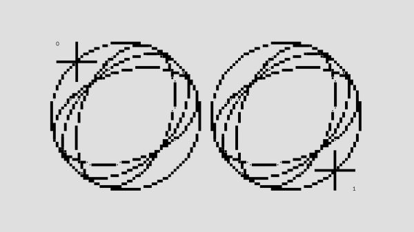 Intricate black and white pixel art featuring circular patterns with binary symbols, showcasing abstract shapes. Minimaliste 4K