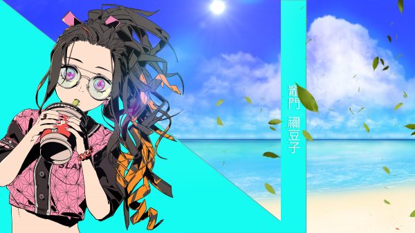 Kamado Nezuko, Kimetsu no Yaiba, beach Manga 4K