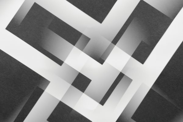 Minimalist abstract pattern with overlapping geometric shapes in black and white. Abstrait 4K