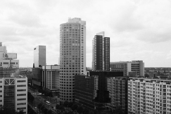 Monochrome view of modern skyscrapers in Rotterdam, Netherlands. Architecture 4K