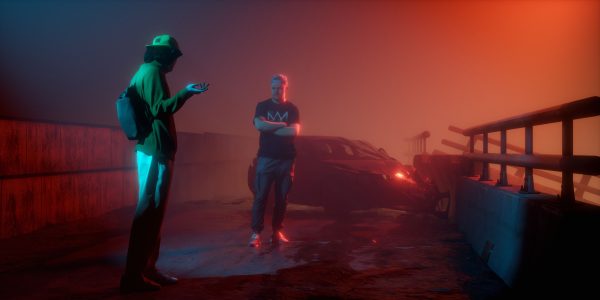 Moody 3D render capturing an urban scene with dramatic lighting and fog. Dark 4K