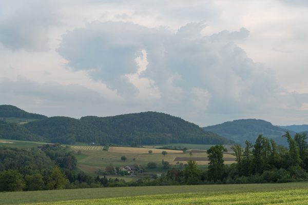 Peaceful countryside view with rolling hills, farmland, and dramatic clouds under a soft sky. Nature 4K