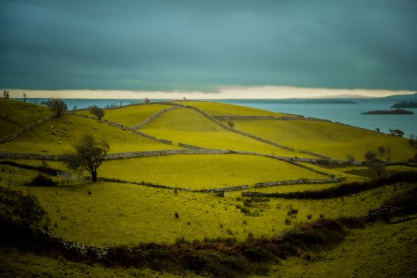 Peaceful landscape with rolling hills, stone fences, and a tranquil lake under a cloudy sky. Nature 4K