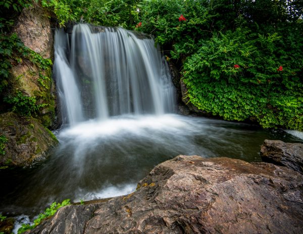 Picturesque view of cascade with rapid water flows in mounts with blooming flowers in summer Nature 4K