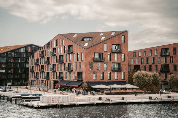Scenic view of modern brick architecture by the waterfront in Copenhagen, Denmark. Architecture 4K