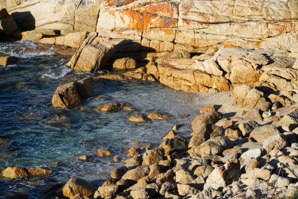 Scenic view of rocky shoreline at Bicheno, Tasmania, Australia. Nature 4K