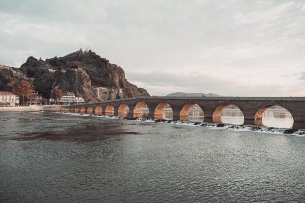 Scenic view of the Koyunbaba Bridge over the river in Osmancık, Turkey. Architecture 4K