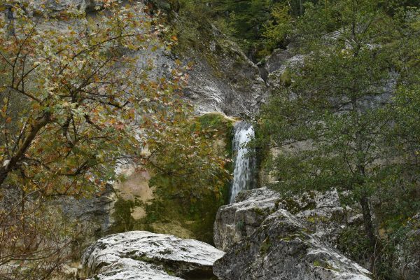 Scenic waterfall nestled among autumn trees and rocky landscape, capturing nature's tranquility. Nature 4K