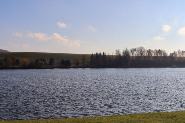 Serene lake view with trees and rolling hills in late fall sunlight. Nature 4K