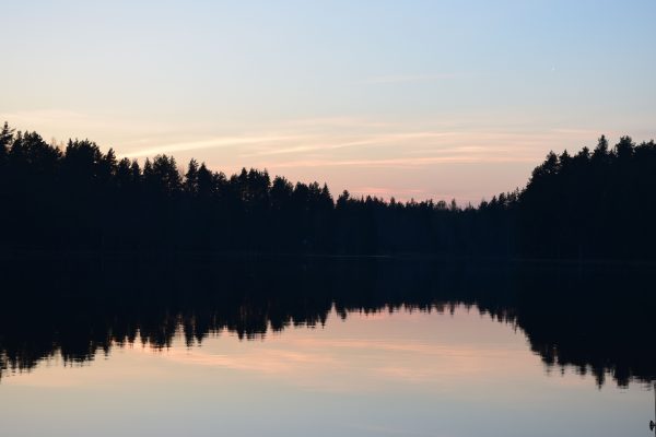 Serene sunset with tree silhouettes reflecting over a calm lake in Võru, Estonia. Nature 4K