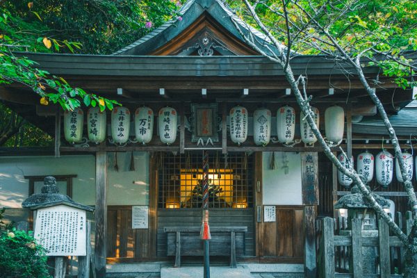 Serene view of a Japanese shrine adorned with lanterns amidst lush greenery. Anime 4K
