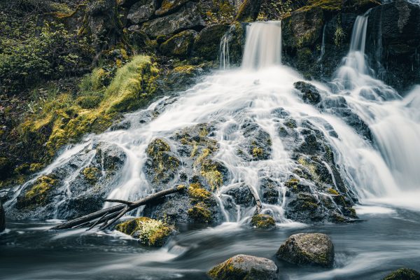 Serene waterfall cascading over rocks in a lush forest setting, perfect for nature-themed designs. Nature 4K