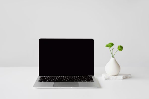 Simple and clean workspace featuring a laptop and a small vase with green flowers. Perfect for minimalists. Minimaliste 4K