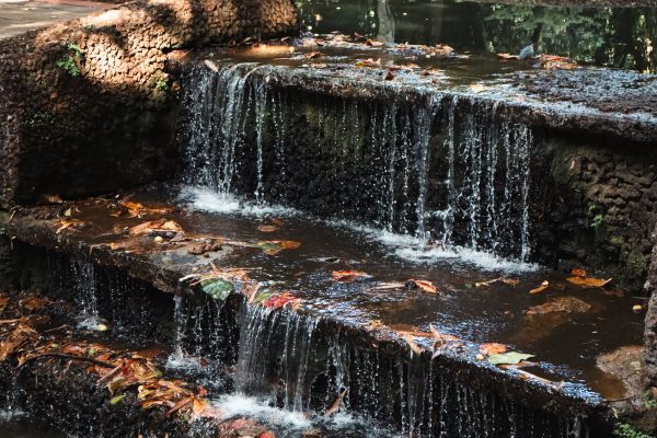 Small cascading waterfall over rocky steps surrounded by fallen leaves in a Brazilian park. Nature 4K