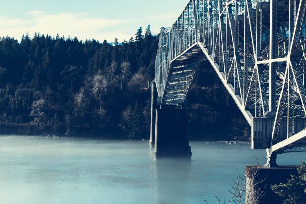 Steel suspension bridge crossing a fog-covered river with forest background. Architecture 4K