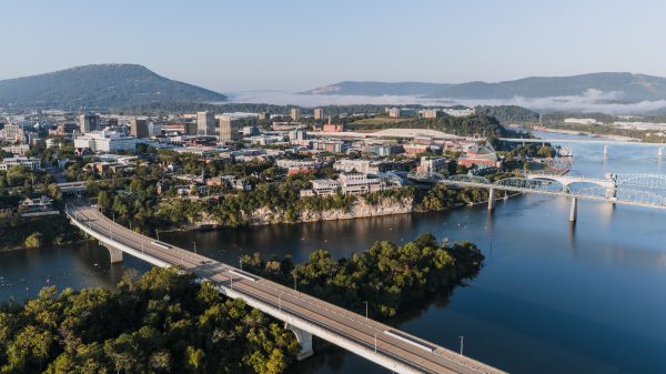 Stunning aerial view of Chattanooga's skyline with bridges and mountains in the background. Architecture 4K