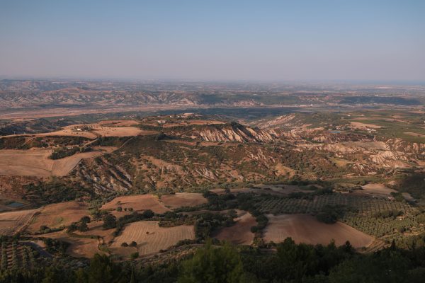 Stunning aerial view of Rotondella's rural landscape in Basilicata, Italy. Nature 4K