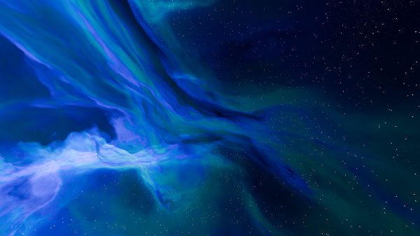 Stunning aurora borealis illuminating the dark starry night sky in vivid blue and green hues. Espace 4K