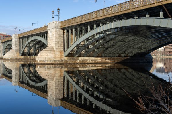 Stunning reflection of Longfellow Bridge over the Charles River in Boston, Massachusetts. Architecture 4K