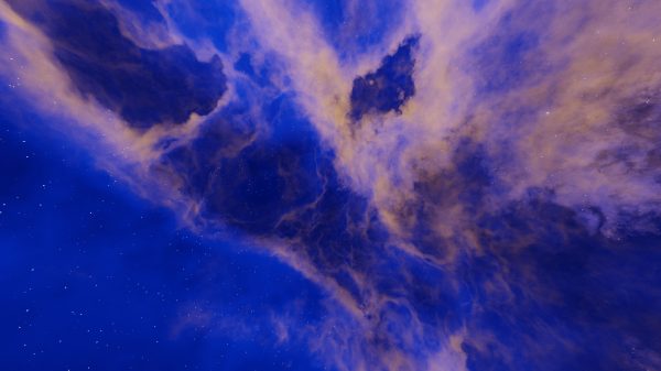 Stunning view of a blue and yellow nebula with twinkling stars in outer space. Espace 4K