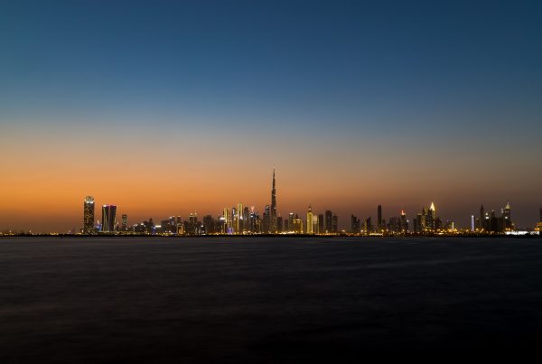 Stunning view of Dubai's skyline at twilight featuring the iconic Burj Khalifa. Architecture 4K