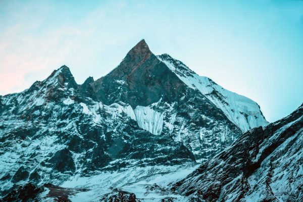 Stunning view of Machhapuchchhre's snow-covered peak in Nepal's Himalayas. Nature 4K