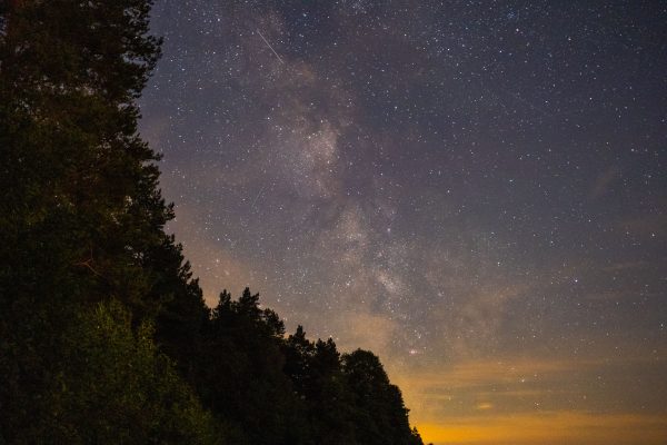 Stunning view of the Milky Way above a forest in Kłączno, Poland at night. Espace 4K