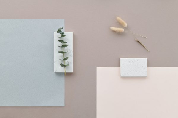Stylish minimalist flat lay with eucalyptus on marble and neutral tones, perfect for backgrounds. Minimaliste 4K