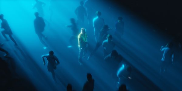 Surreal urban crowd scene with dramatic lighting focusing on a solitary figure. Dark 4K