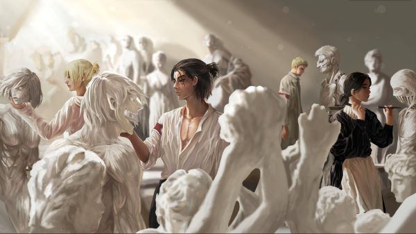 Titan, anime girls, statue Manga 4K