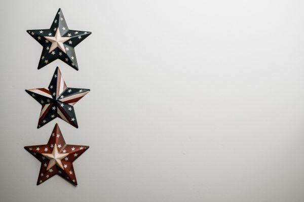 Top view of image of Flag of United Stated on surface of raised army stars on grey background Espace 4K