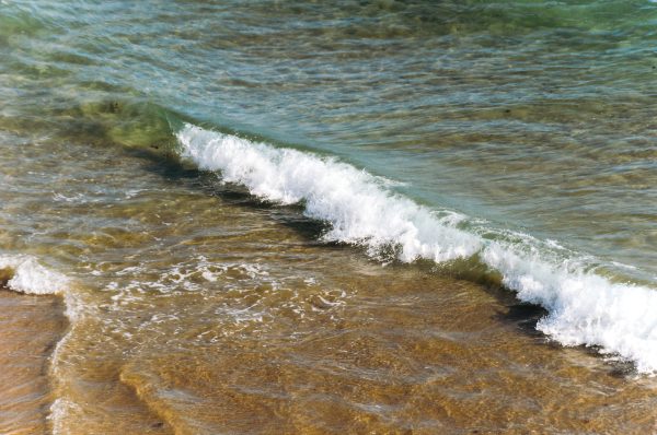 Tranquil ocean wave gently breaking on a sandy shore, capturing serene coastal beauty. Nature 4K