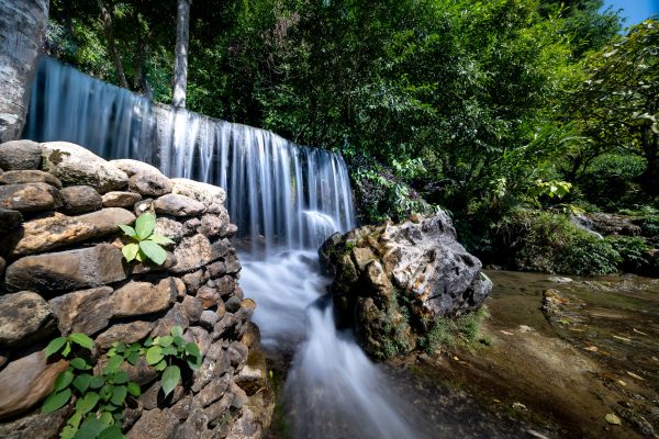 Tranquil waterfall cascading over rocks surrounded by lush forest. Nature 4K