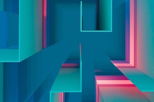 Vibrant abstract geometric design featuring teal and pink hues with depth and dimension. Abstrait 4K