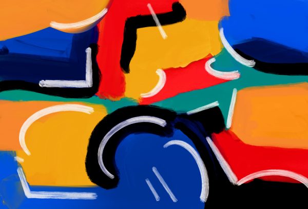 Vibrant abstract painting featuring dynamic shapes and bold, contrasting colors in a modern art style. Abstrait 4K