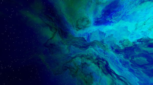 Vibrant blue and green nebula in space with shimmering stars and cosmic clouds. Espace 4K