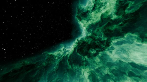 Vibrant green nebula with starry background, showcasing cosmic beauty. Espace 4K