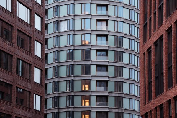View of modern architectural buildings with glass and brick facades in Copenhagen, Denmark. Architecture 4K