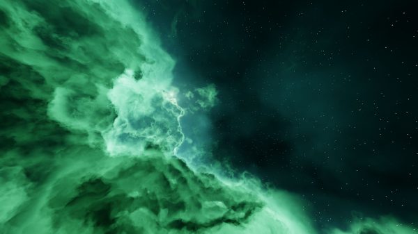Vivid cosmic nebula with contrasting green clouds and starry sky. Espace 4K
