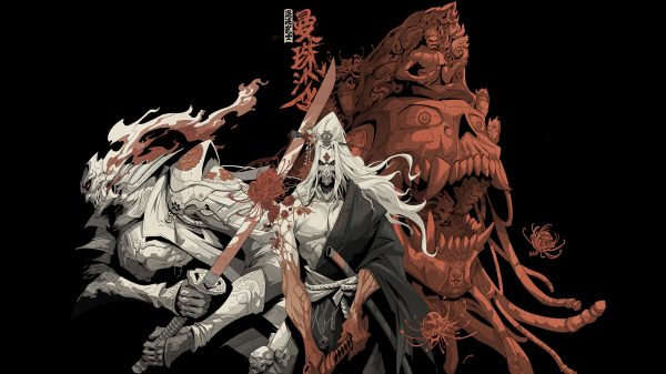 Samurai, fantasy art, black background Manga 4K