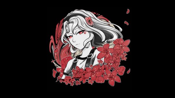 Anime girls, red flowers, black background Anime Girls 4K